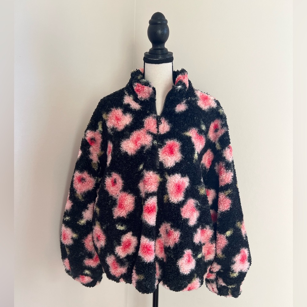 Sandy Liang Pink and Black Oversized Sweatshirt with Mandarin Collar